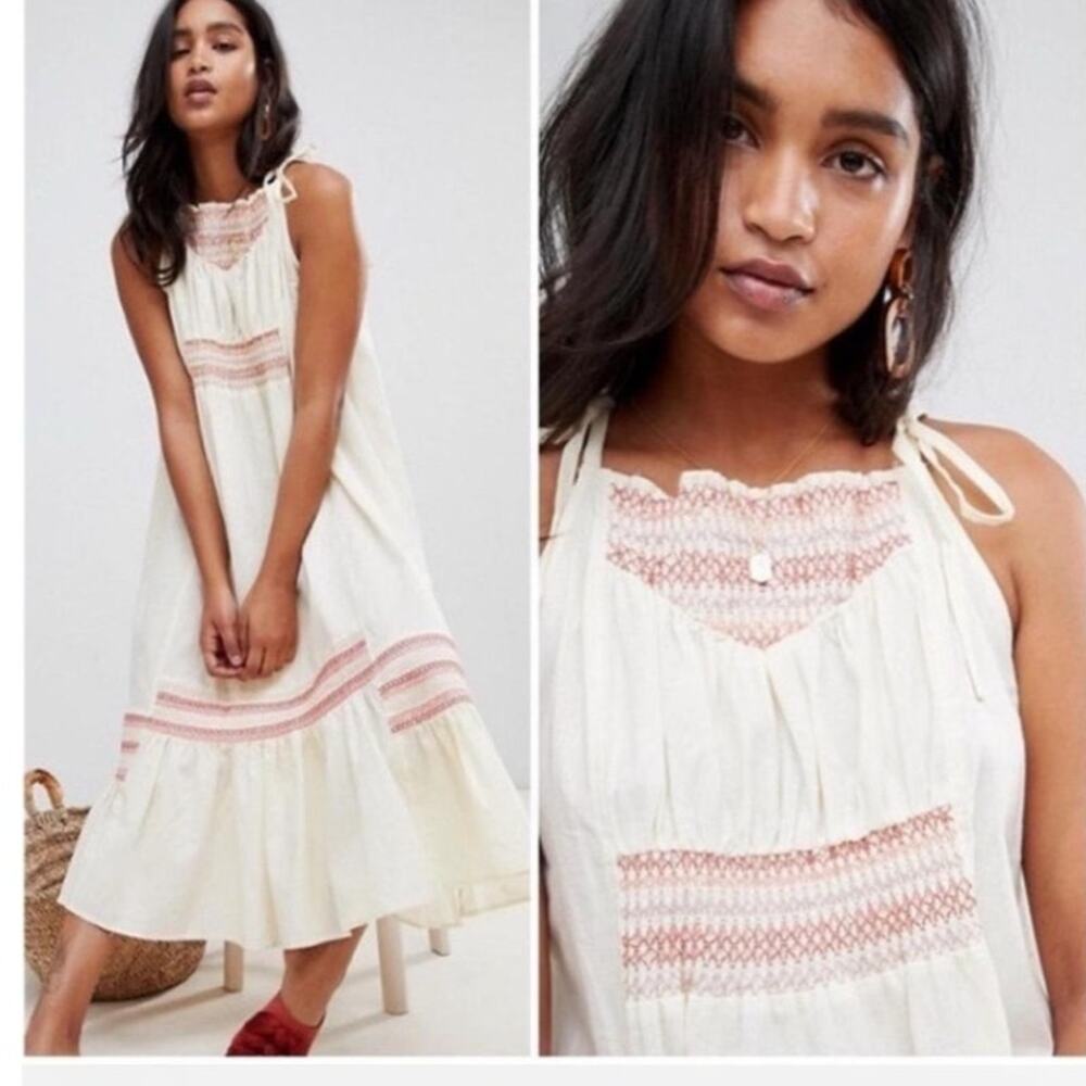 Free People Another Love Smocked Midi Dress Ivory Tie Strap Size Medium
